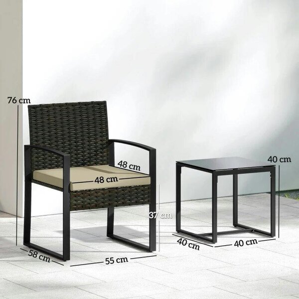 Rattan Bistro Set, 3 Piece Garden Furniture Set with Glass Top Table and Cushions, Khaki