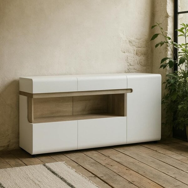 Wyld Haus Foxwhisk 3 Door Glazed Sideboard White and Truffle Oak Wood