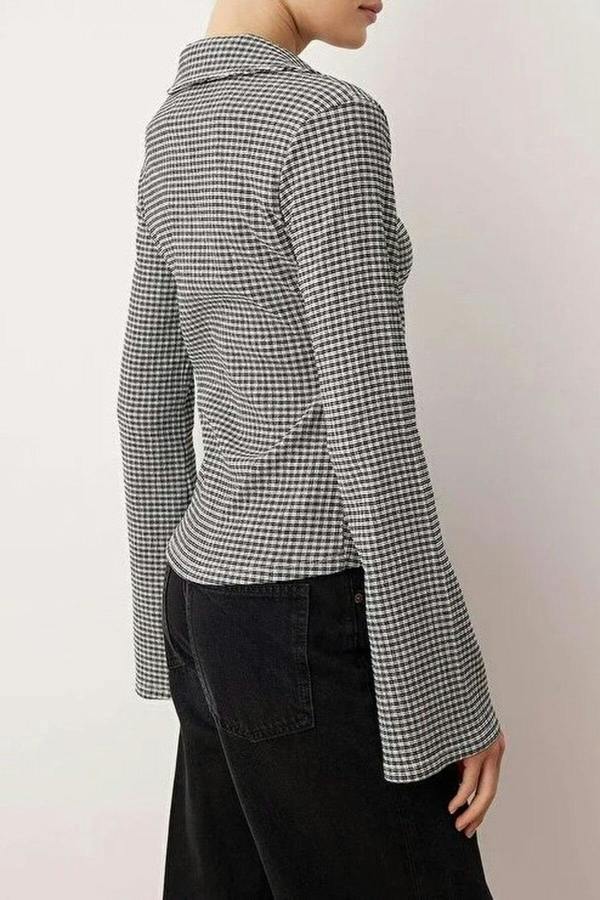 WOVCOR Fitted Shirt Collar Flexible Knit Blouse