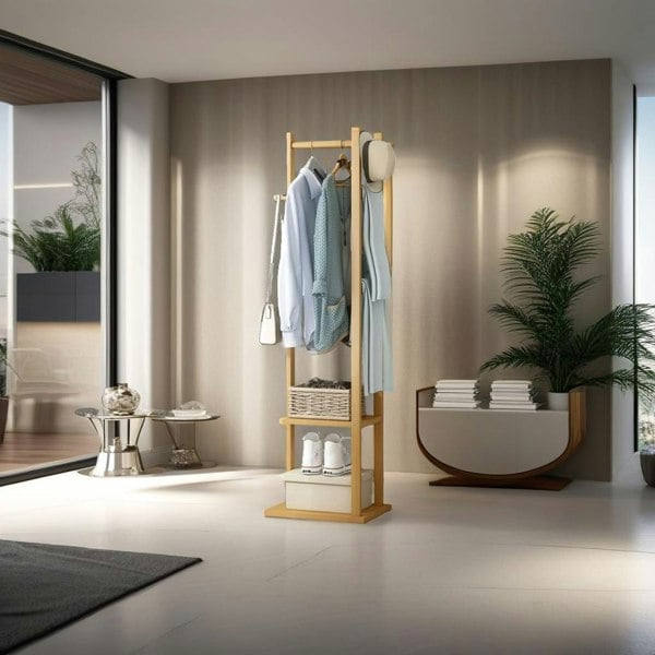 Modcraft Bamboo Coat Stand with Garment Shelf and Hanging Rail