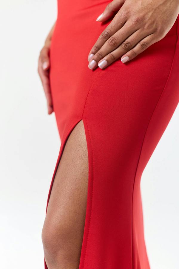 LuvForever Red Bandeau Side Slit Maxi Dress