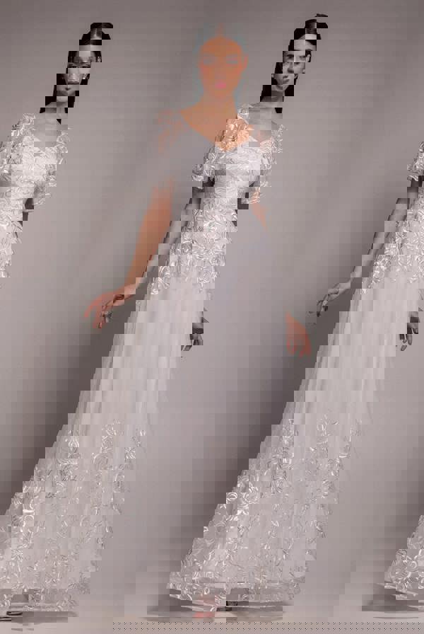 Lace Flutter Sleeve Embroidered Mesh A Line Maxi Dress - White DR3942