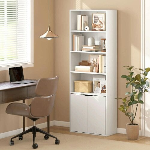 Bobobiy 6-Tier Tall Bookcase, Bookshelf with 4 Open Shelves and Double Door Storage Cabinet, Freestanding Display Rack, 59 x 29 x 180cm, White