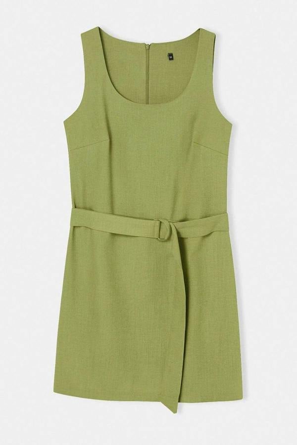Belted Linen Blend Square Neck Sleeveless Mini Dress