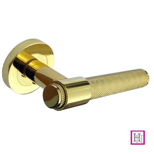 EDH Door Hardware Knurled Door Handles Polished Brass Loop & Neck On Round Rose Latch Handle, 6 Pairs