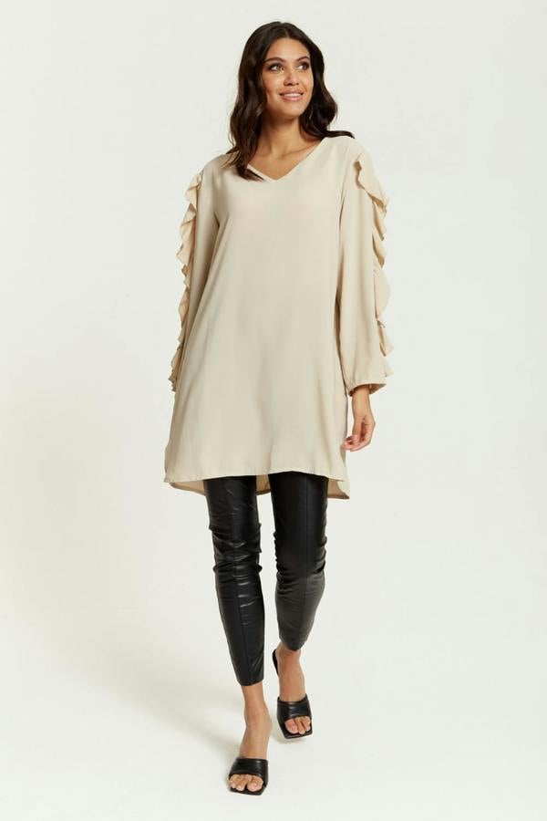 Hoxton Gal Relaxed Fit Ruffle Sleeve Relaxed Fit Tunic in Beige