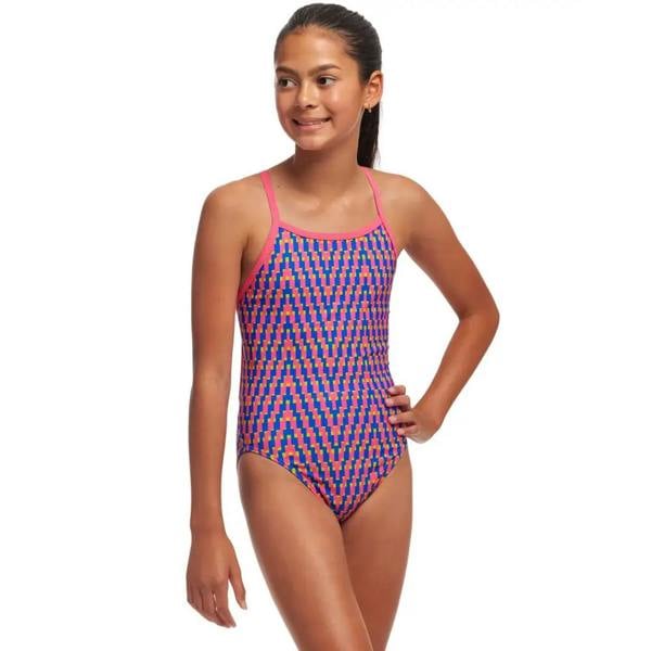 Funkita girls daily steps single strap swimsuit in pink purple geometric pattern