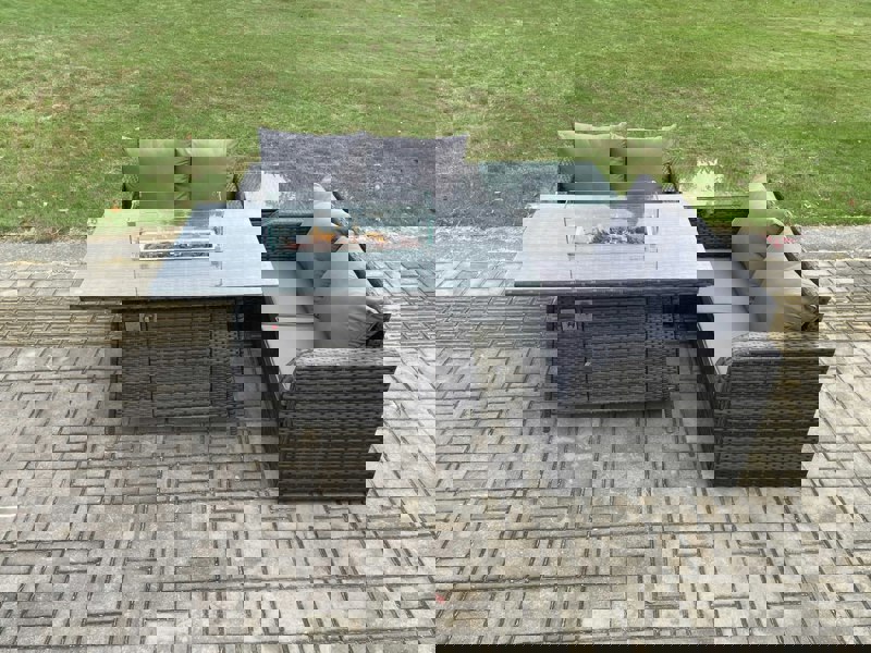 Fimous Rattan Garden Furniture Set with Gas Fire Pit Table 4 Pieces Outdoor Loveseat Sofa Set Dark Grey Mixed