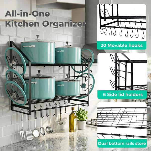 TOQUE Pot Rack Kitchen Storage Organiser Shelf Pan Rack 20 Hooks Lid Holders