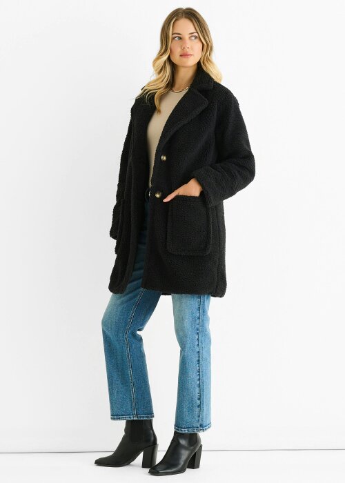 Gini London Black Faux Fur Longline Teddy Overcoat