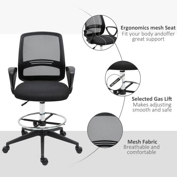 Black mesh-back office chair with padded seat, chrome gas lift, and foot ring