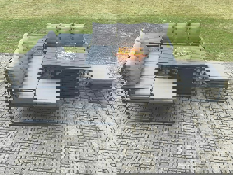 Fimous Aluminium Outdoor Lounge Sofa Garden Furniture Sets Gas Fire Pit Dining Table Set with 2 Big Footstools Side Table Dark Grey