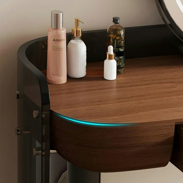 Thomas Dressing Table With Large LED Mirror, Walnut & Black-Weilai Concept-Weilai Concept