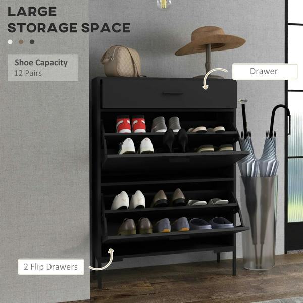 Open black shoe cabinet with flip drawers and multiple shoe pairs
