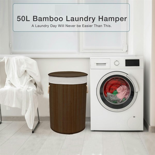 MANTRARAJ 50L Folding Bamboo Laundry Basket Bin Hamper Basket Storage Organizer With Lid And Removable Bag (Dark Brown)