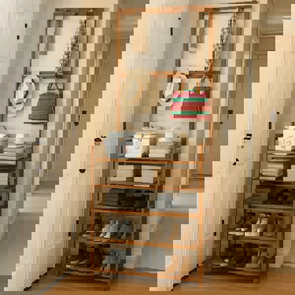 BMBO Wooden Clothes Rack With 12 Hooks & 5 Tier Shoe Storage