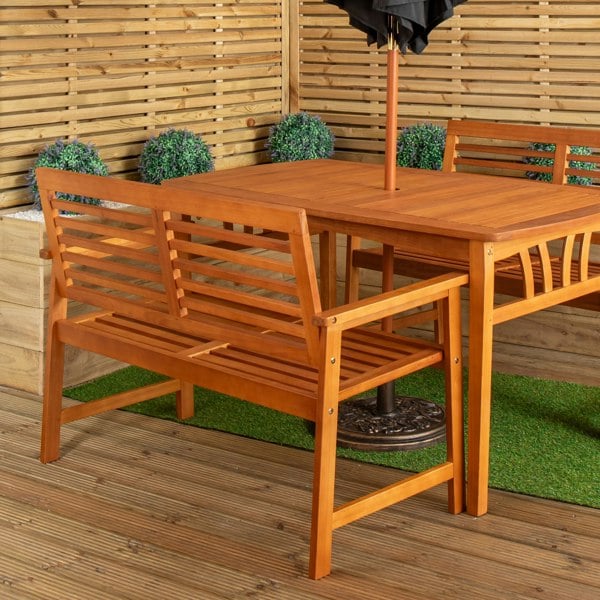 Samuel Alexander Outdoor 4 Person Rectangular Wooden Garden Table, 2 Benches with Black Parasol & Base Furniture Set