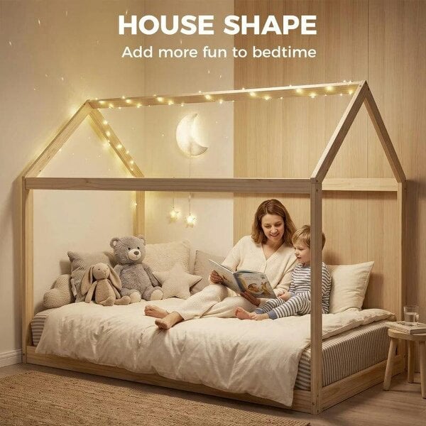 Single Bed Frame, House Scandinavian Wooden Bed Frame for 90W x 190Dcm Mattress, Pine Wood Bed Base, Natural Wood Finish