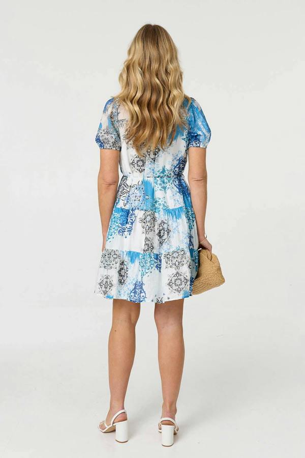 Blue | Printed Tiered Short Shirt Dress