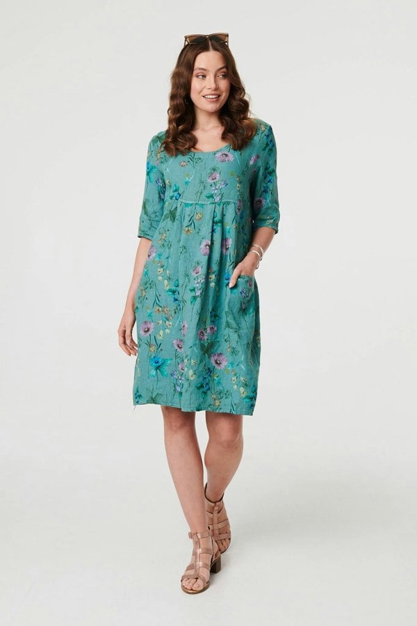 Teal | Floral 3/4 Sleeve Short Shift Dress
