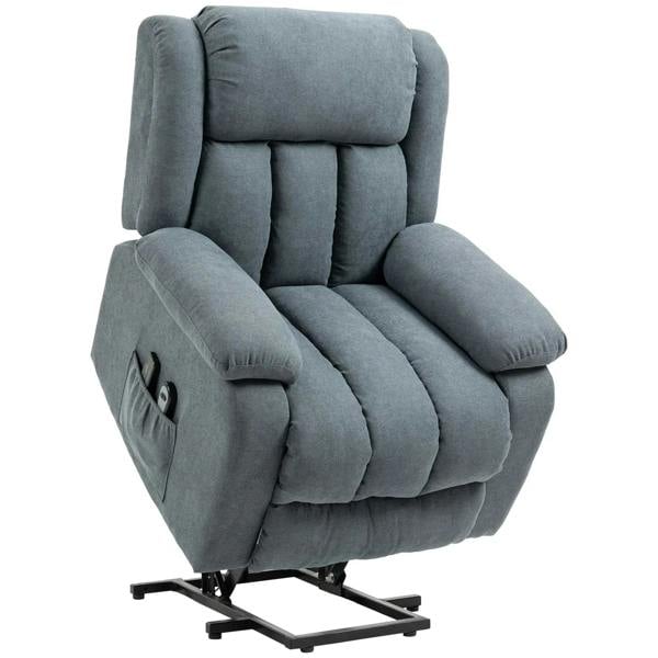 Dark grey lift recliner chair with cushioned arms, padded backrest, side pocket