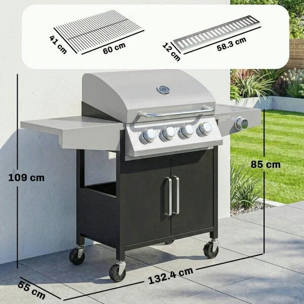 Bobobiy 4+1 Burner Gas BBQ Grill with Side Burner, 14.5 kW Steel Portable Gas Barbecue Grill with Built-in Thermometer, Lid