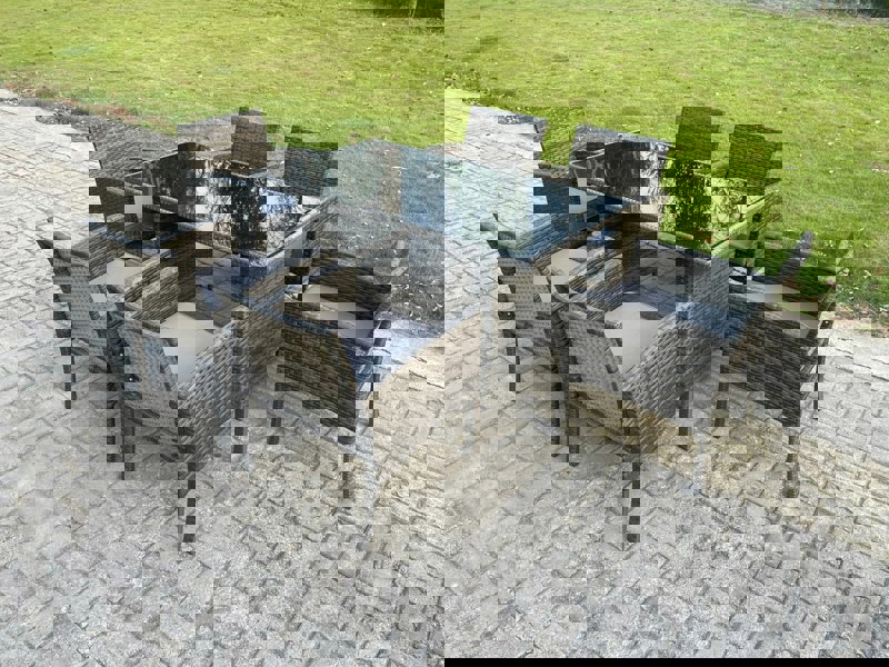Fimous Wicker PE Outdoor Rattan Garden Furniture Arm Chair And Table Dining Sets 6 Seater Rectangular Table Dark Grey Mixed