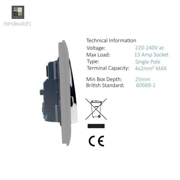 Trendi Switch 2 Gang Long Switched Plug Socket in Light Grey