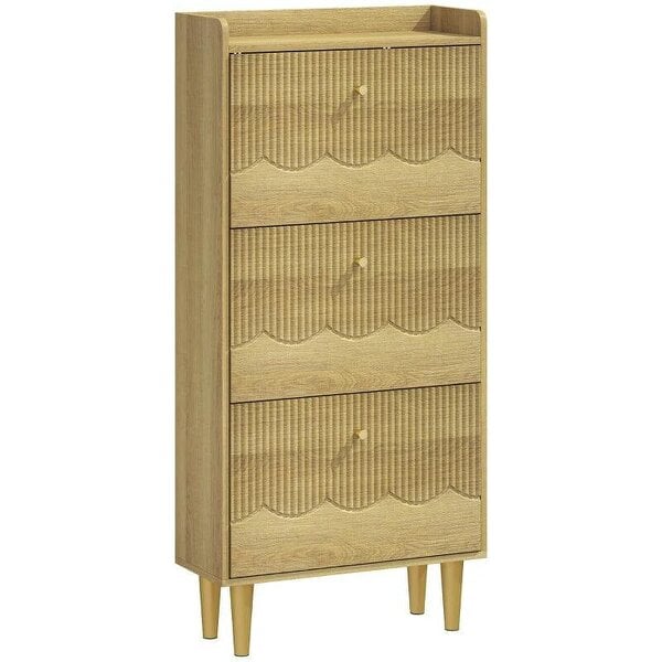 Bobobiy Narrow Shoe Cabinet, Modern Shoe Storage Cabinet with 3 Flip Drawers, Oak