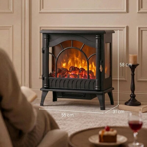 3-Sided Glass Electric Fire Fan Heater, Electric Fireplace Stove Freestanding Log Burner with Flame Effect, Black