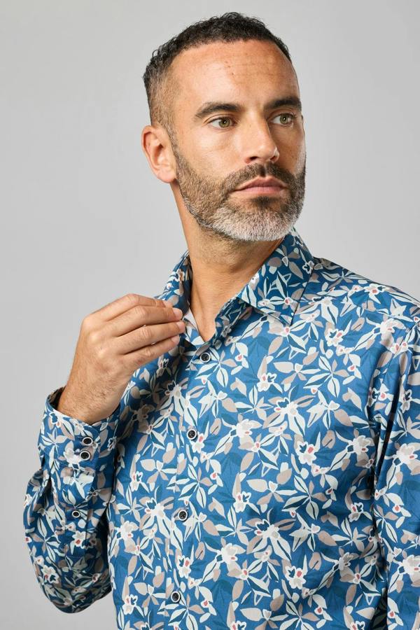 Double TWO Slate Blue Botanical Print Long Sleeve Shirt