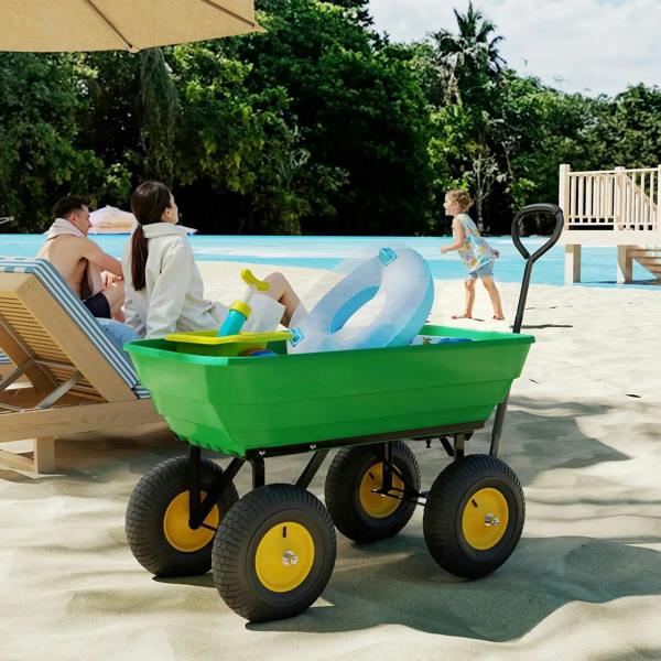 Green tipping garden cart with load tub and four yellow wheels