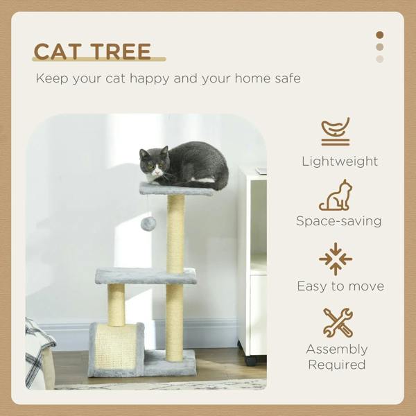 Light grey cat tree with plush perches and arched entry tunnel base