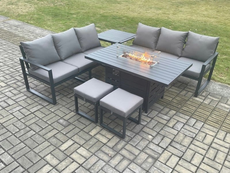Fimous Aluminium 8 Seater Outdoor Garden Furniture Lounge Sofa Set Gas Fire Pit Dining Table with 2 Small Footstools Side Table Dark Grey