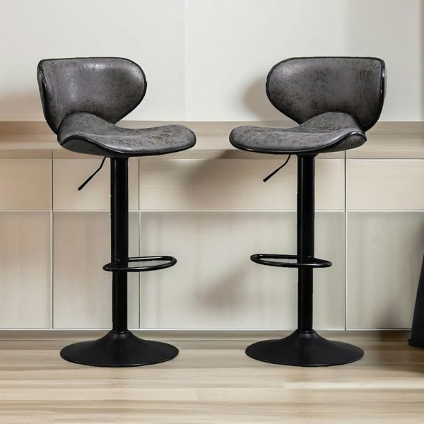 Rafaelo Mobilia Set Of 2 Height Adjustable 360 PU Leather Swivel Bar Stools Dark Grey