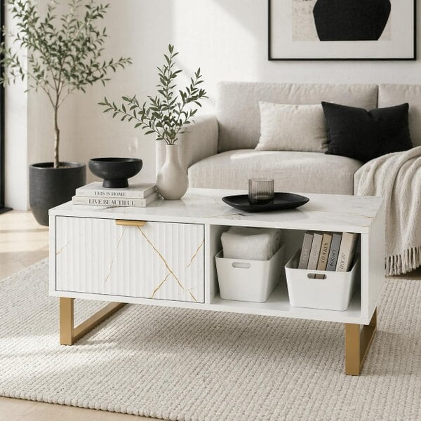 Wyld Haus Lima Wooden White Marble Effect and Gold Coffee Table With 2 Storage Drawers
