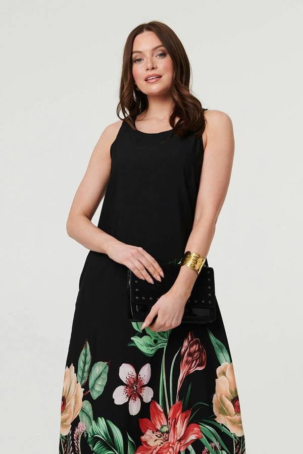 Black | Tropical Floral Sleeveless Midi Dress