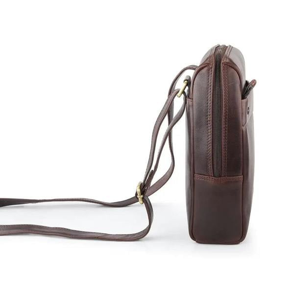 Brown leather messenger bag on a white background