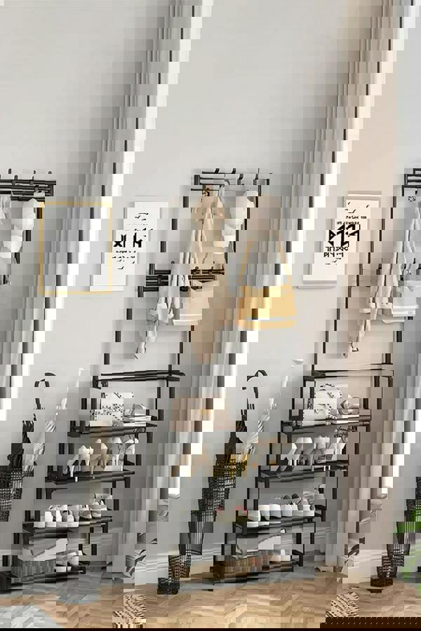 Living and Home 4 Tier Shoe Shelf Storage Organizer with Hooks Clothes Hanger Garment Rack