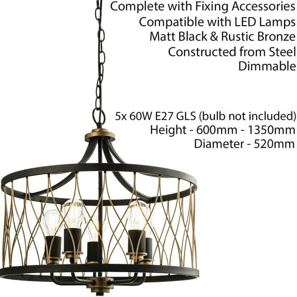 Multi Light Ceiling Pendant 5 Bulb MATT BLACK & BRONZE Vintage Chandelier Lamp Loops