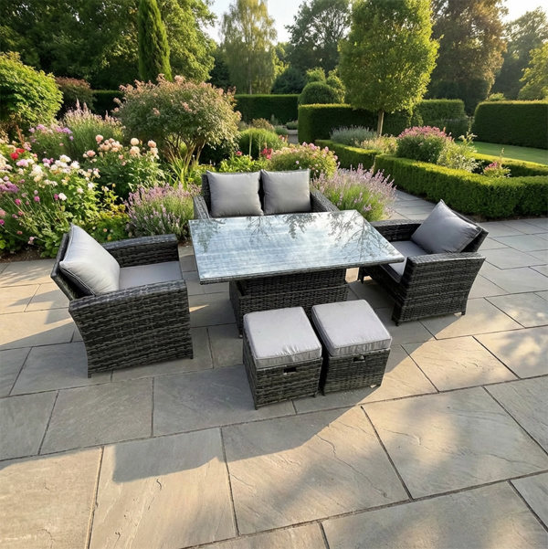 Fimous 6 Seater Rattan Outdoor Garden Dining Set with Rising Table, Sofa & 2 Footstools - Dark Grey Mixed