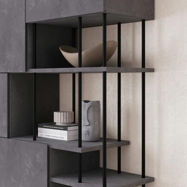 Decortie Modern Key Bookcase 5-Doors Storage Cabinet and Minimal Open Shelves Display Unit Metal Legs 84(W)x175(H)cm