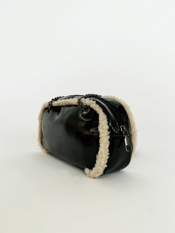 SVNX Patent Shoulder Bag with Borg Fur Trim