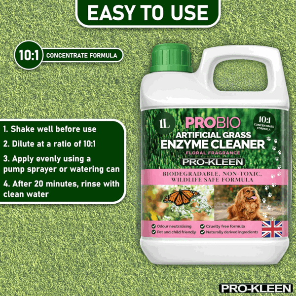 ProKleen Pro-Kleen ProBio Artificial Grass Cleaner Probiotic Based Deodoriser Odour Eliminator Floral 1L