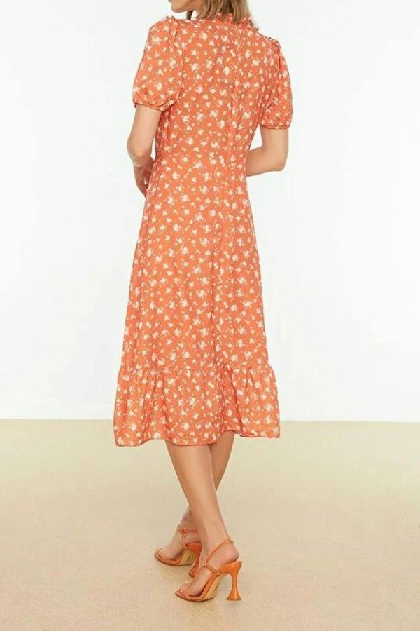 WOVCOR Patterned A-Line Ruffled Lined Midi Woven Dress