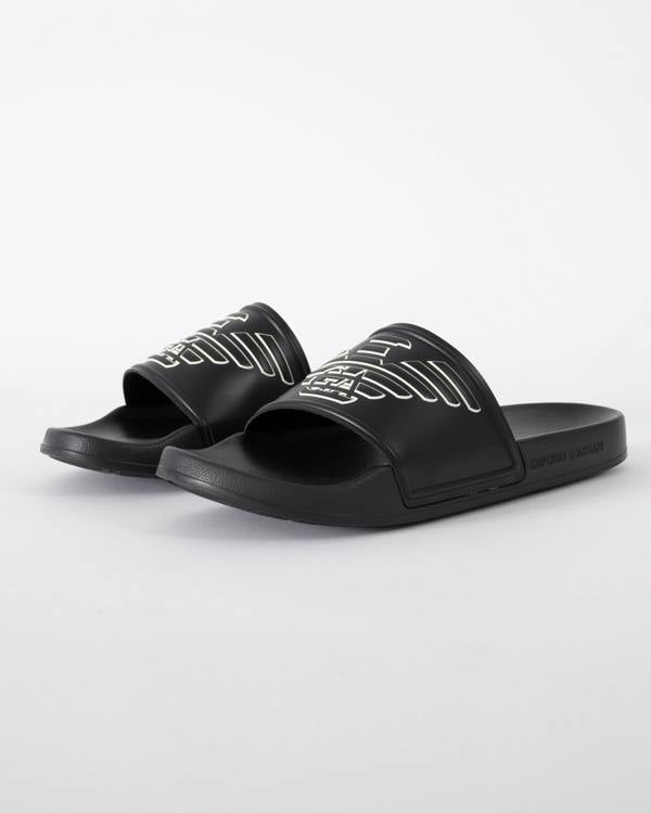 studio shot of Emporio Armani Mens PVC Pool Slides with Eagle Logo in Black and Whisper White