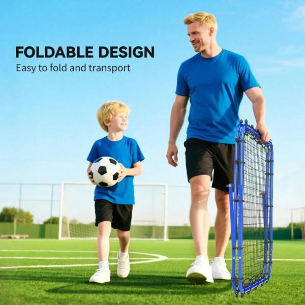 Foldable blue football rebounder goal net with upright mesh frame