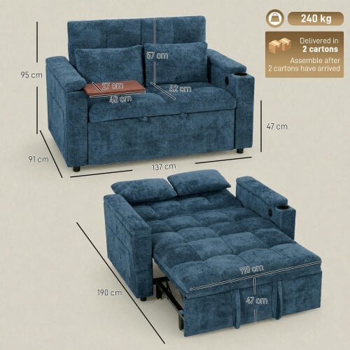 HOMCOM 2 Seater Sofa Bed with Armrest Storage, Side Pockets, Dark Blue