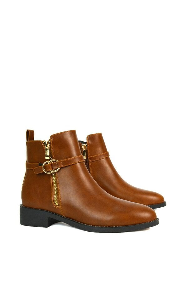 XY LONDON Flat Low Heel Ankle Booties With Decorative Buckle and Zip