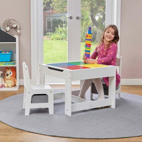 Liberty House Toys Kids Wooden Activity Table and Two Chairs with Grey Storage Bins